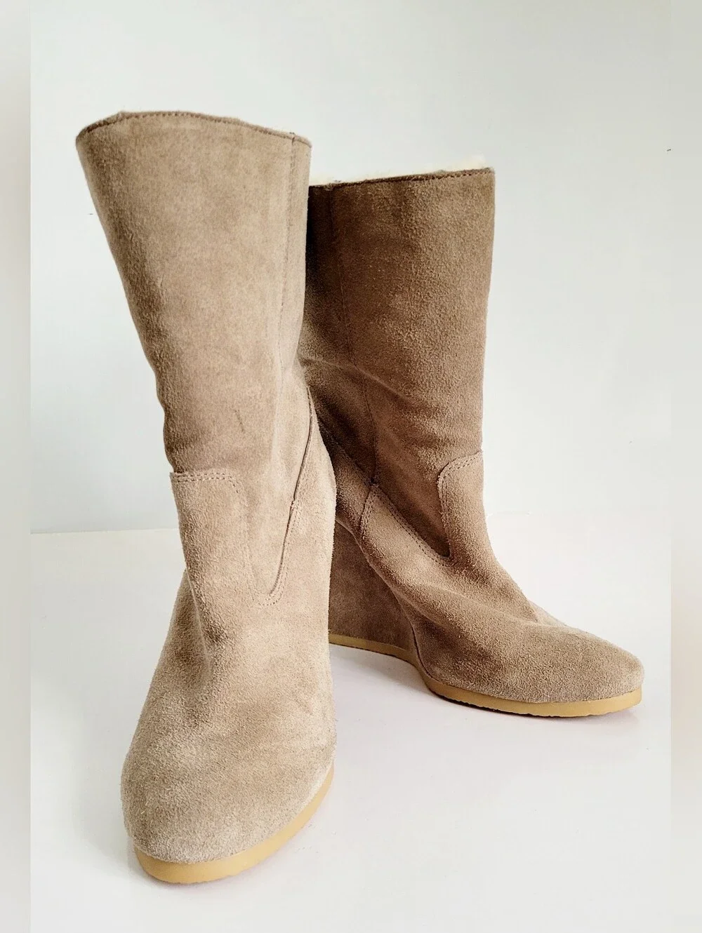 Coach Danee Taupe Suede Shearling Wedge Ankle Boots with Side Zip 10